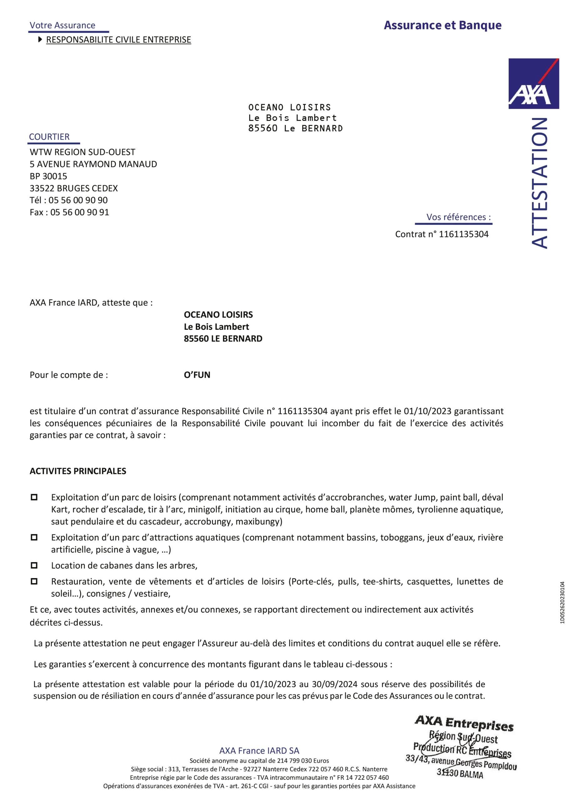 Attestation assurance oceano loisirs